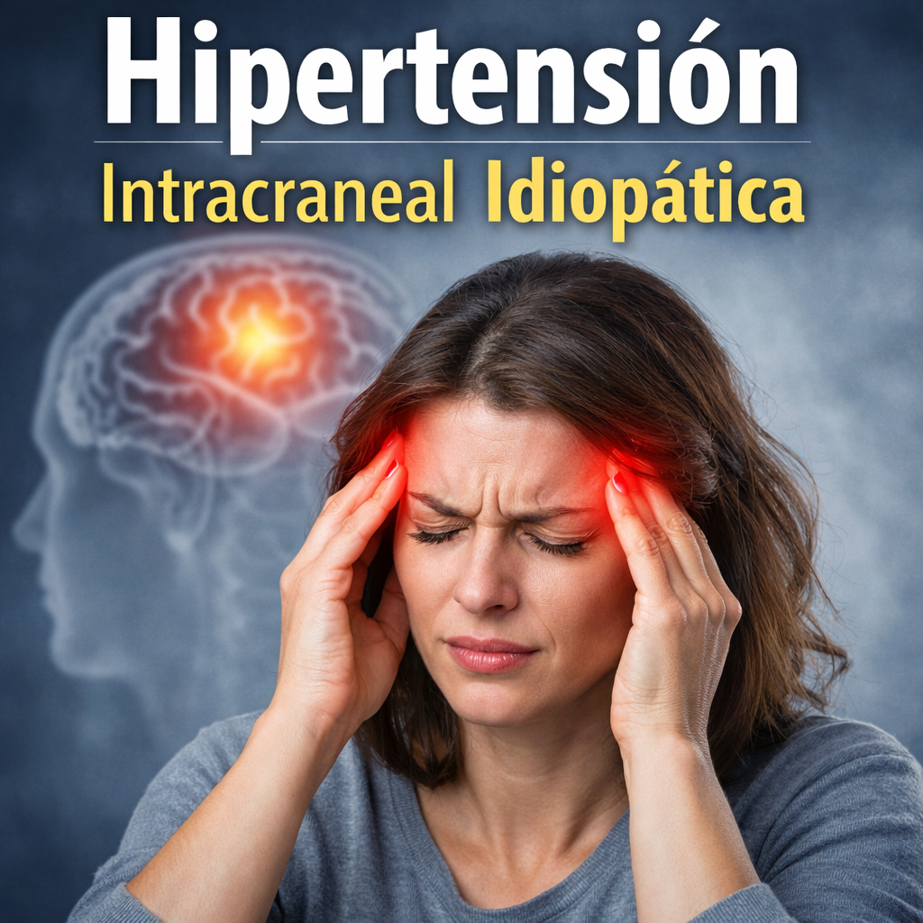 Mujer agarrandose la cabeza con cara de dolor. Arriba leemos hipertensión intracraneal idiopática