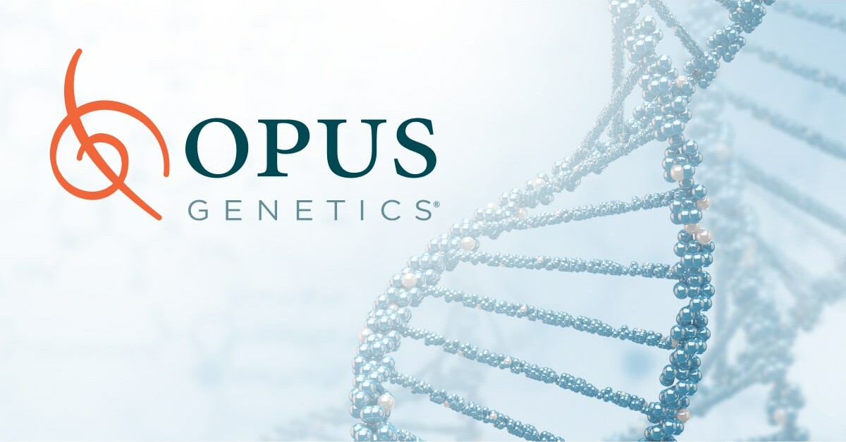 logotipo de opus genetics con una cadena de ADN de fondo